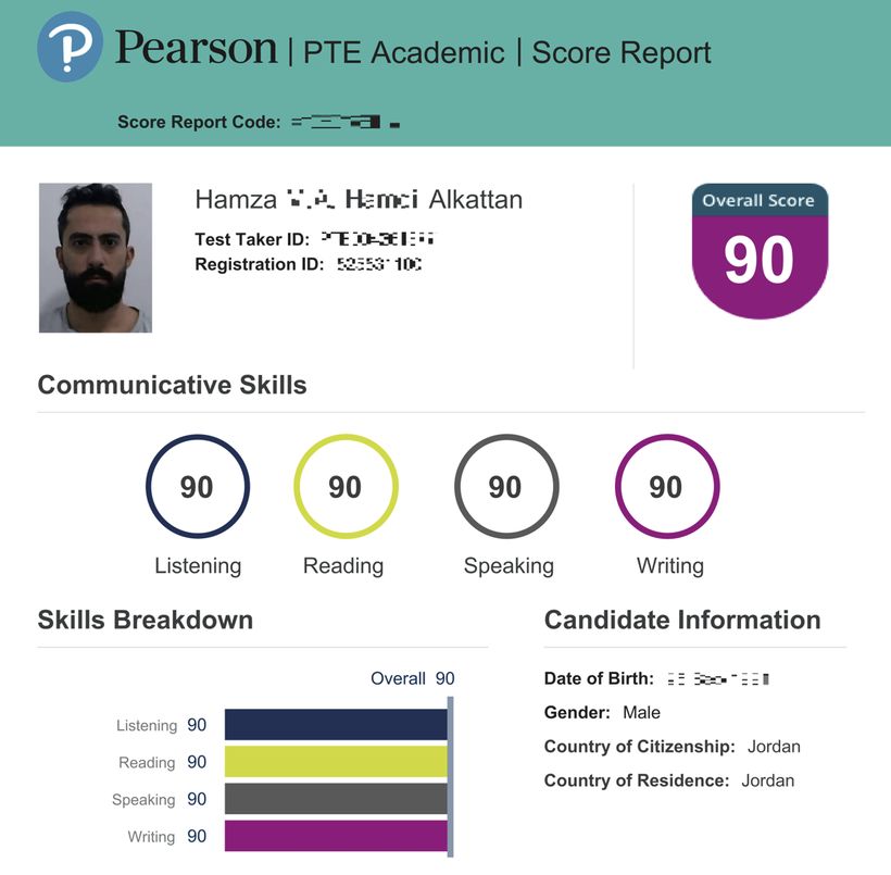 PTE Academic score report: 90 overall and 90 in Listening, Reading, Speaking and Writing