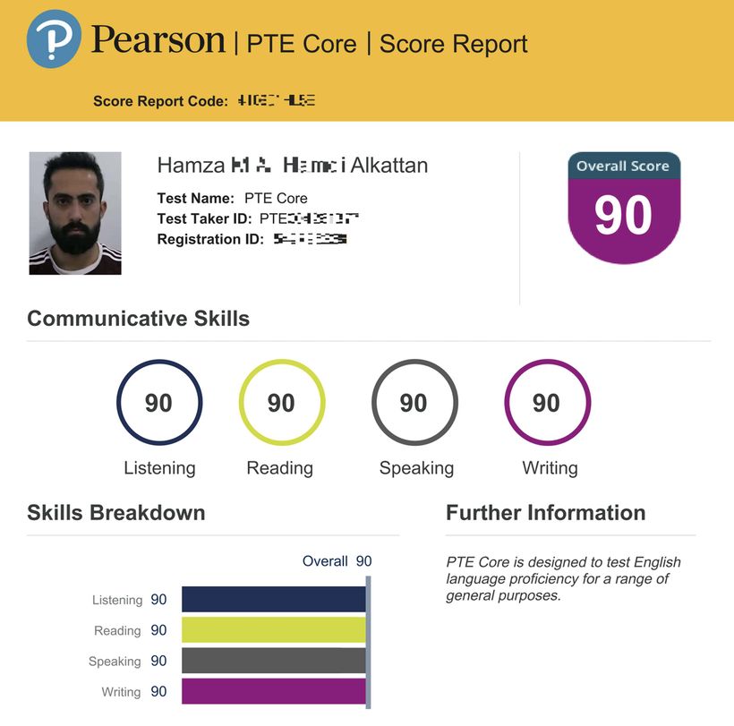 PTE Core score report: 90 overall and 90 in Listening, Reading, Speaking and Writing